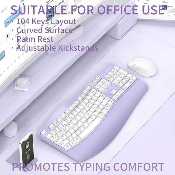 Ergonomic Wireless Keyboard and Mouse Combo, Wave Keys Keyboard with Wrist Rest for Natural Typing, 3 DPI Adjustable Ergonomic Silent Mouse for Computer/Laptop/Windows/Mac (Purple) - Image 2
