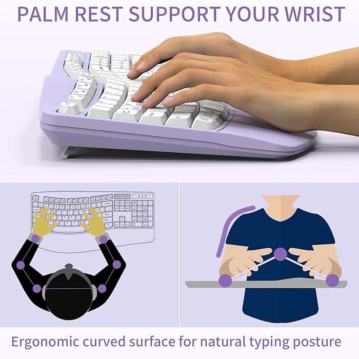Ergonomic Wireless Keyboard and Mouse Combo, Wave Keys Keyboard with Wrist Rest for Natural Typing, 3 DPI Adjustable Ergonomic Silent Mouse for Computer/Laptop/Windows/Mac (Purple) - Image 3