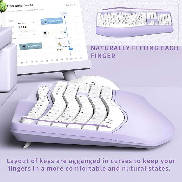 Ergonomic Wireless Keyboard and Mouse Combo, Wave Keys Keyboard with Wrist Rest for Natural Typing, 3 DPI Adjustable Ergonomic Silent Mouse for Computer/Laptop/Windows/Mac (Purple) - Image 4