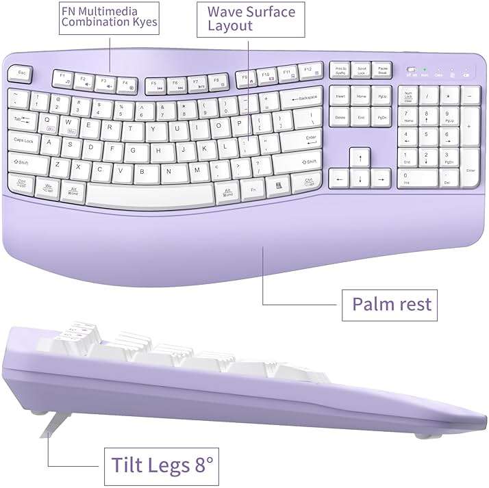 Ergonomic Wireless Keyboard and Mouse Combo, Wave Keys Keyboard with Wrist Rest for Natural Typing, 3 DPI Adjustable Ergonomic Silent Mouse for Computer/Laptop/Windows/Mac (Purple) - Image 7