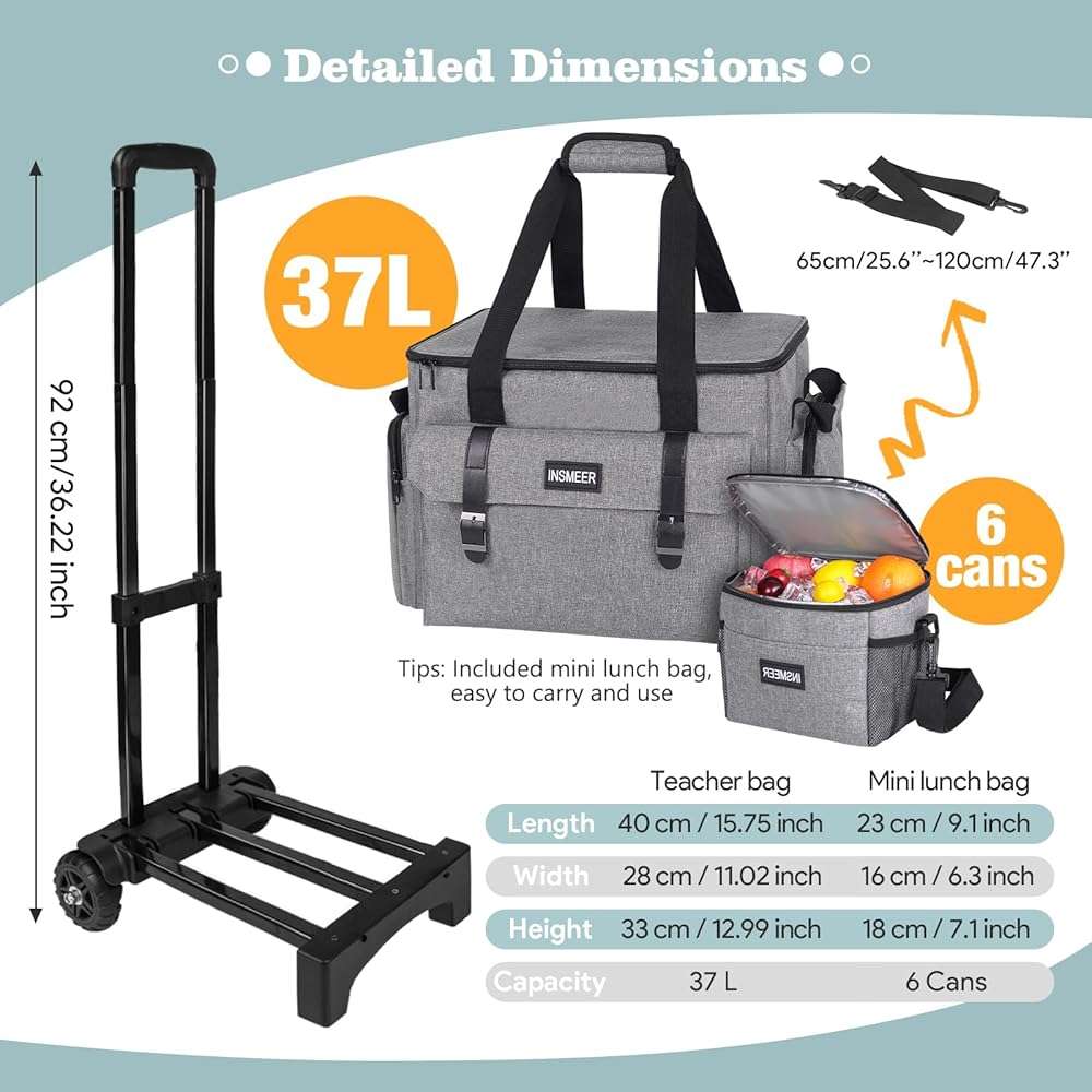 INSMEER Rolling Teacher Bag with Wheels,Wheeled Teacher Tote Bag with Insulated Lunch Bag,with Padded Laptop Compartment - Image 5