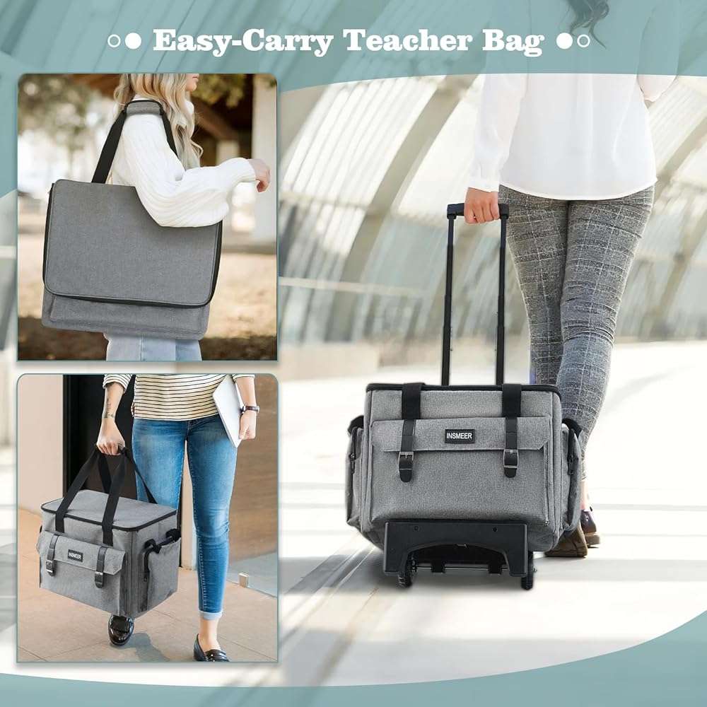 INSMEER Rolling Teacher Bag with Wheels,Wheeled Teacher Tote Bag with Insulated Lunch Bag,with Padded Laptop Compartment - Image 8