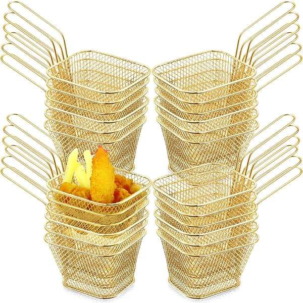 Potchen 24 Pcs Mini Square Fry Basket Stainless Steel French Fries Holder Deep Fryer Baskets Square Mesh Food Holder with Handle Table Serving Chips Baskets for Kitchen Restaurant Barbecue (Gold) - Image 1