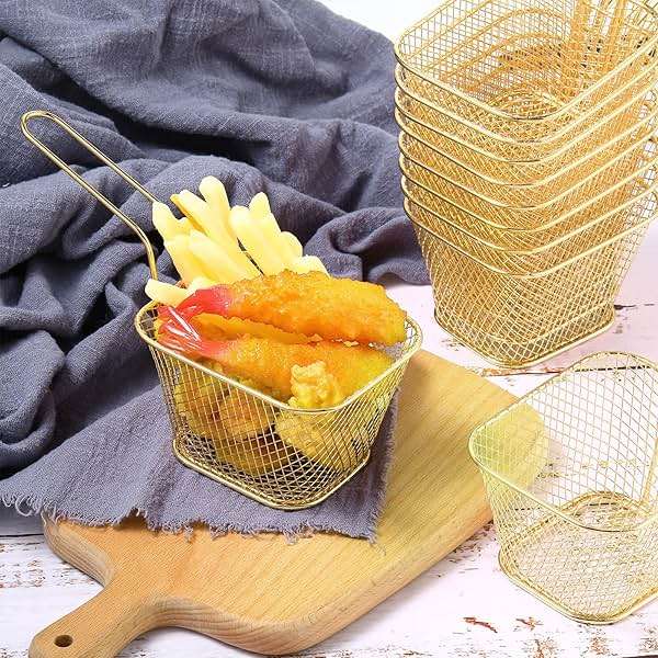 Potchen 24 Pcs Mini Square Fry Basket Stainless Steel French Fries Holder Deep Fryer Baskets Square Mesh Food Holder with Handle Table Serving Chips Baskets for Kitchen Restaurant Barbecue (Gold) - Image 6