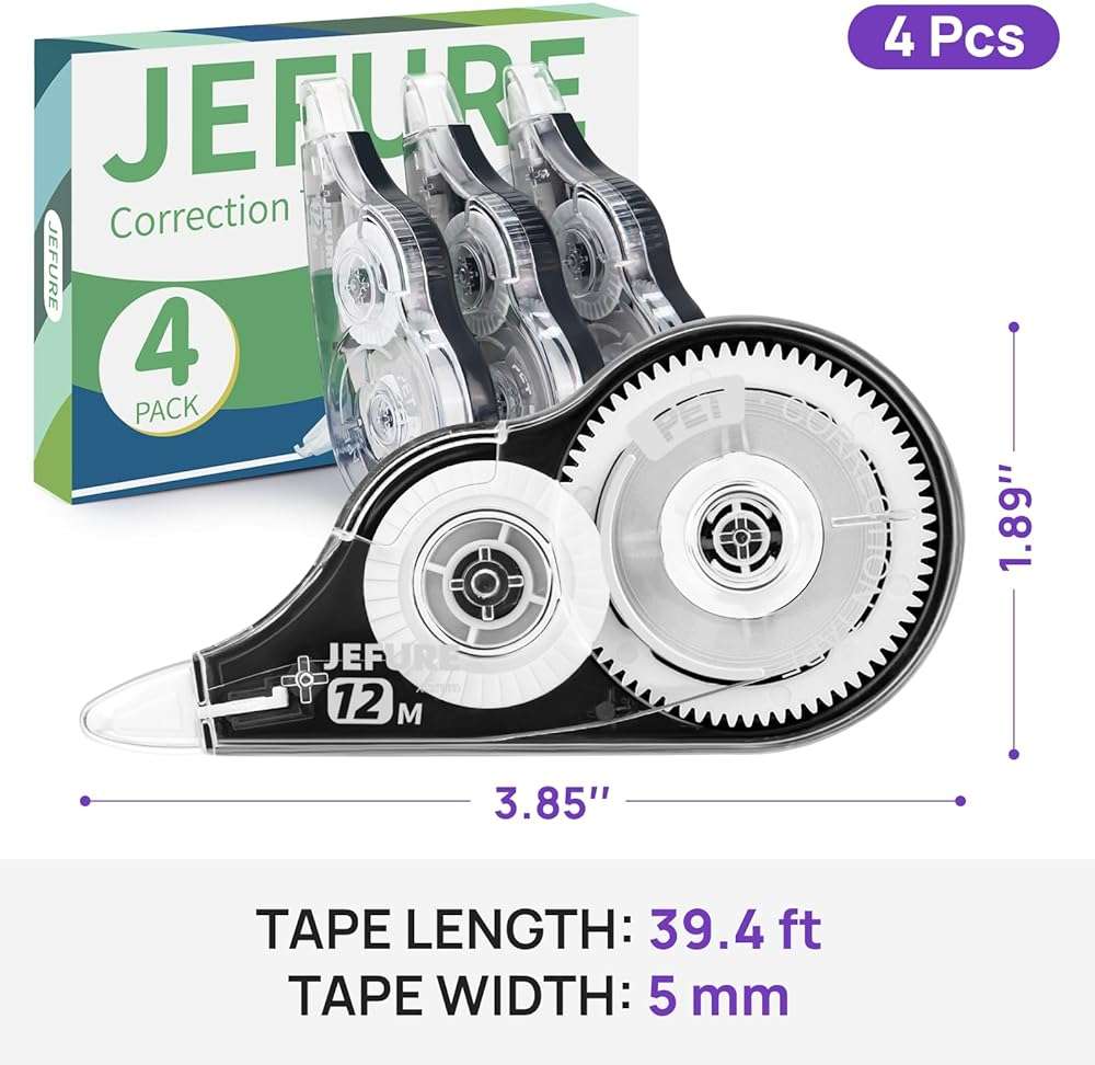 JEFURE 4 Pcs Correction Tape, 39.37 Ft White Wrong Out Tear-Resistant Bulk, Instant Corrections Easy to Use Applicator for School, Office, Note Taking, Journal (Tape Width 0.2 in，Clear) - Image 3