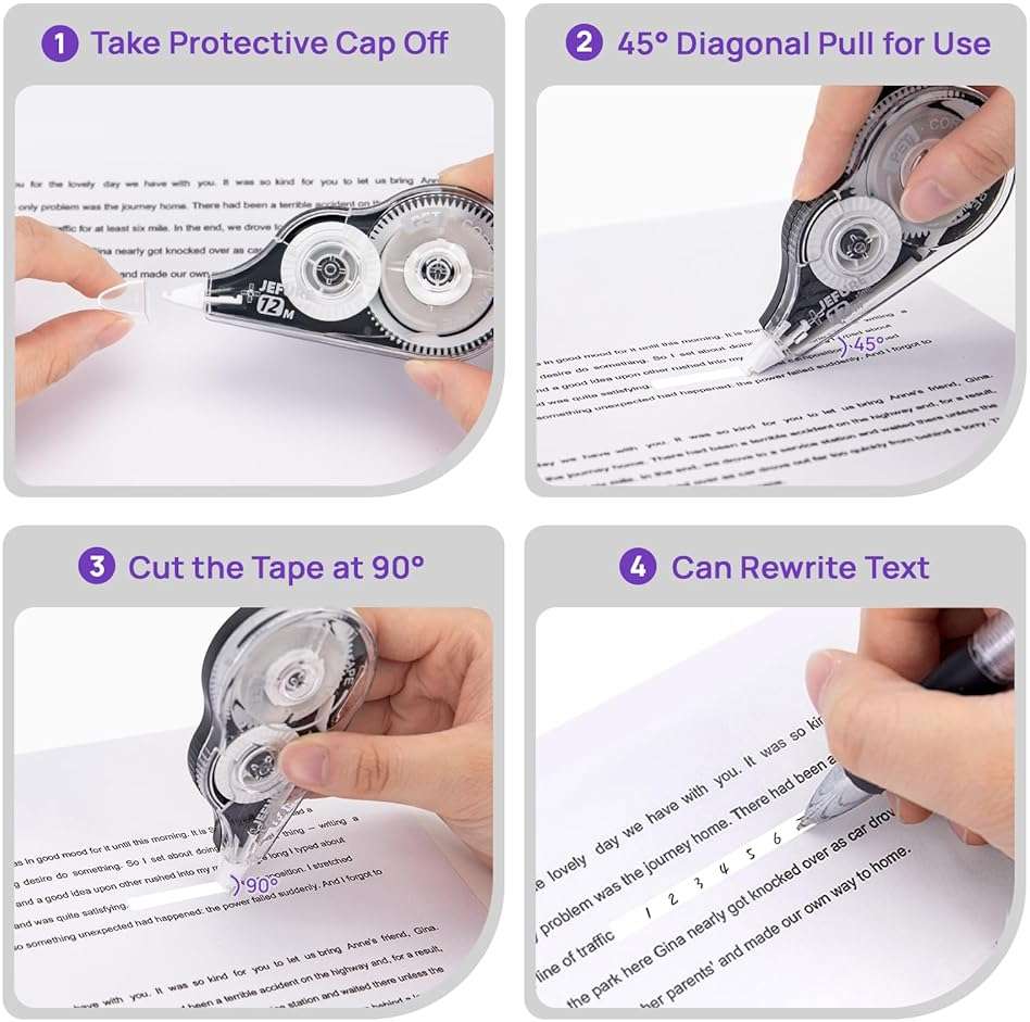 JEFURE 4 Pcs Correction Tape, 39.37 Ft White Wrong Out Tear-Resistant Bulk, Instant Corrections Easy to Use Applicator for School, Office, Note Taking, Journal (Tape Width 0.2 in，Clear) - Image 5