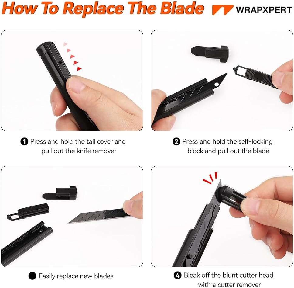 WRAPXPERT Utility Knife Retractable with 30 Degree Snap Off Blade,Box Cutter for Carton,Razor Knife Exacto Craft,3 Pack Retractable Knife for Office,Home Use,with 30 Extra 9mm Blades - Image 2