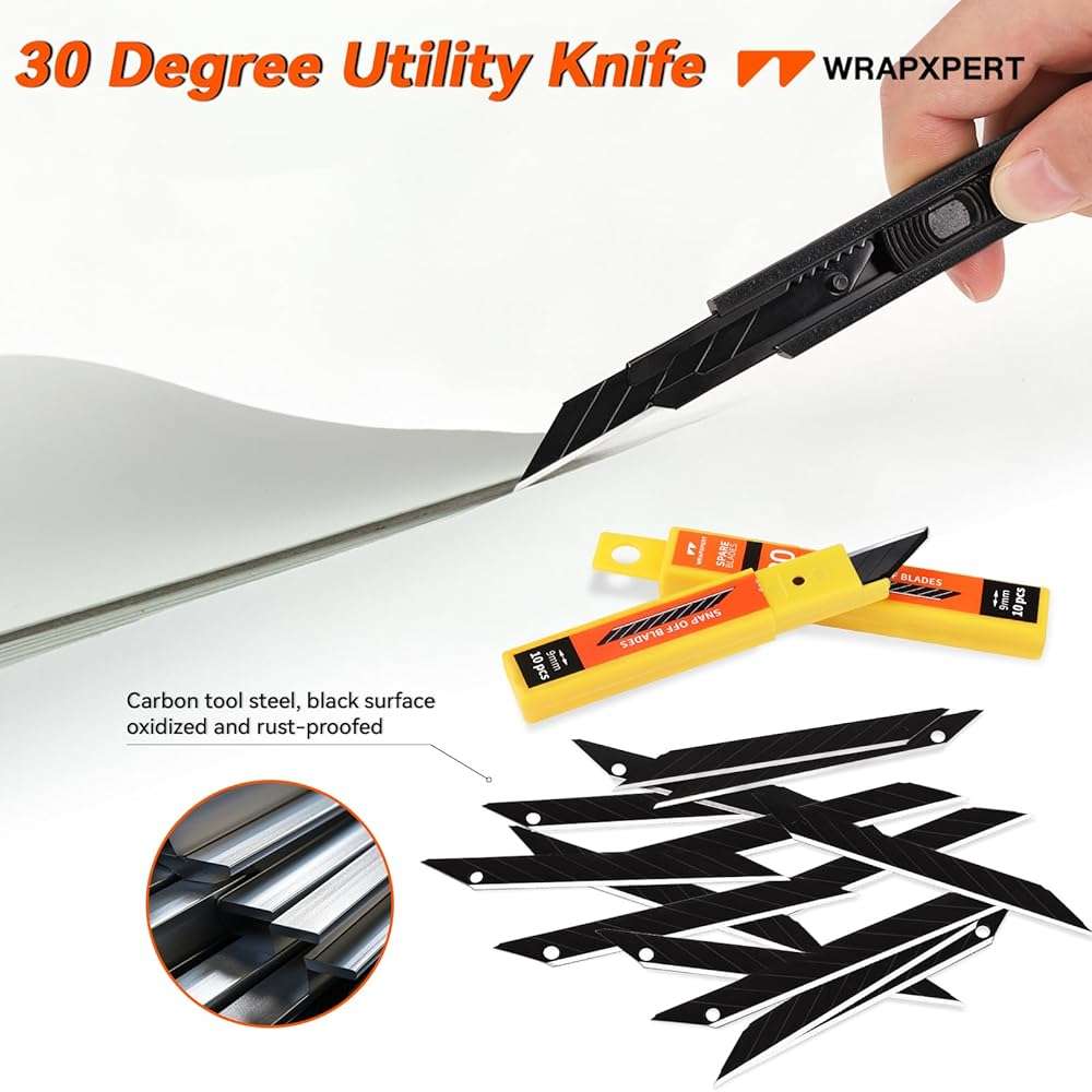 WRAPXPERT Utility Knife Retractable with 30 Degree Snap Off Blade,Box Cutter for Carton,Razor Knife Exacto Craft,3 Pack Retractable Knife for Office,Home Use,with 30 Extra 9mm Blades - Image 3