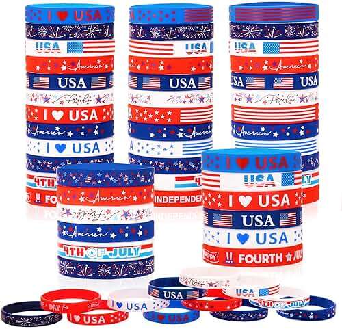 WruFiz 48pcs 4th of July Patriotic Silicone Bracelets USA American Flag Wristbands Red White and Blue Bracelet for Independence Day Holiday Decorations Accessories - Image 1