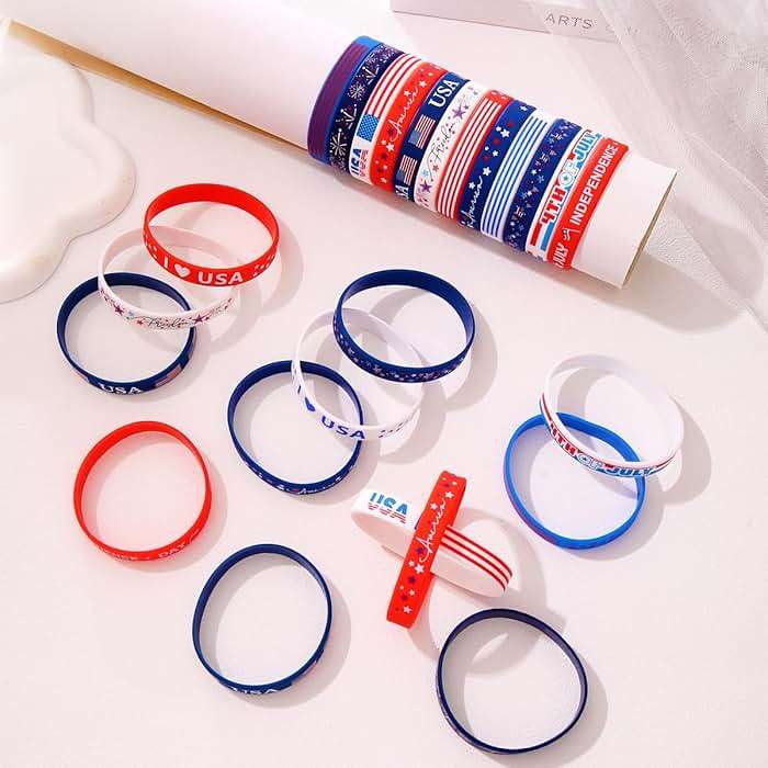 WruFiz 48pcs 4th of July Patriotic Silicone Bracelets USA American Flag Wristbands Red White and Blue Bracelet for Independence Day Holiday Decorations Accessories - Image 3