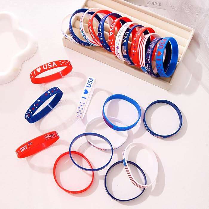 WruFiz 48pcs 4th of July Patriotic Silicone Bracelets USA American Flag Wristbands Red White and Blue Bracelet for Independence Day Holiday Decorations Accessories - Image 4