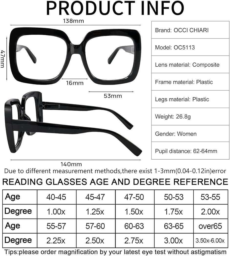 OCCI CHIARI Large Reading Glasses for Men Designer Thick Square Readers 1.0 1.25 1.50 1.75 2.0 2.25 2.50 2.75 3.0 3.5 4.0 - Image 5