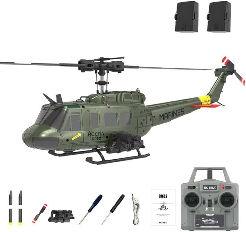 Tiodei RC ERA C032 UH-1 Huey 6CH Helicopter for Adults, 1/48 Scale RC Helicopter Brushless with 6-Axis Gyroscope Stabilization, with Altitude Hold & 3D Inverted Flight（Green 2 Battery） - Image 1