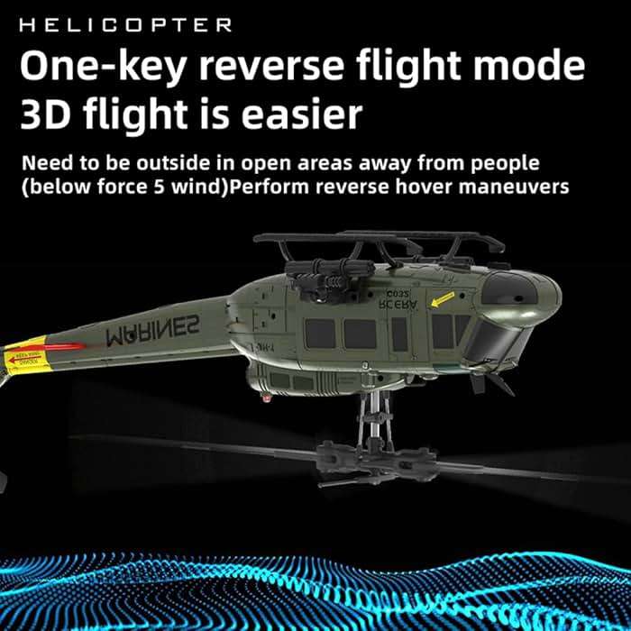 Tiodei RC ERA C032 UH-1 Huey 6CH Helicopter for Adults, 1/48 Scale RC Helicopter Brushless with 6-Axis Gyroscope Stabilization, with Altitude Hold & 3D Inverted Flight（Green 2 Battery） - Image 5
