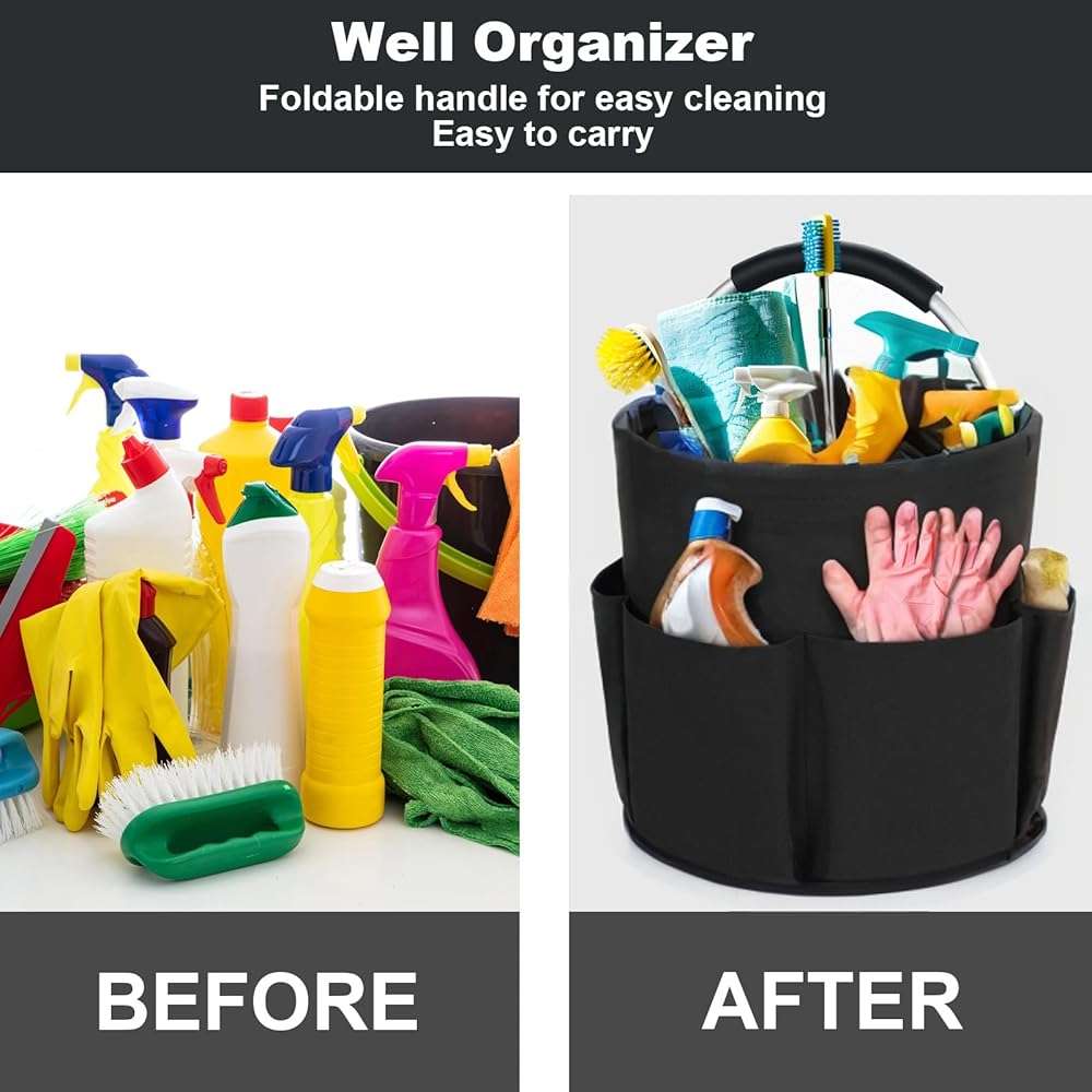 Bototack Cleaning Caddy with Handle, Cleaning Products Organiser, 17L Foldable Storage Basket, Cleaning Caddy Organiser, Portable Multi Cleaning Bucket Bag for Home, Garden (Black) - Image 3