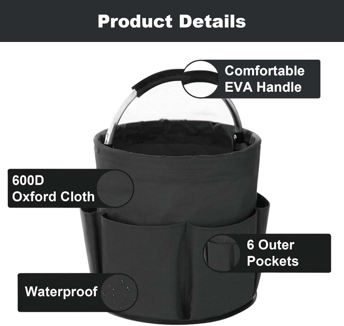 Bototack Cleaning Caddy with Handle, Cleaning Products Organiser, 17L Foldable Storage Basket, Cleaning Caddy Organiser, Portable Multi Cleaning Bucket Bag for Home, Garden (Black) - Image 5