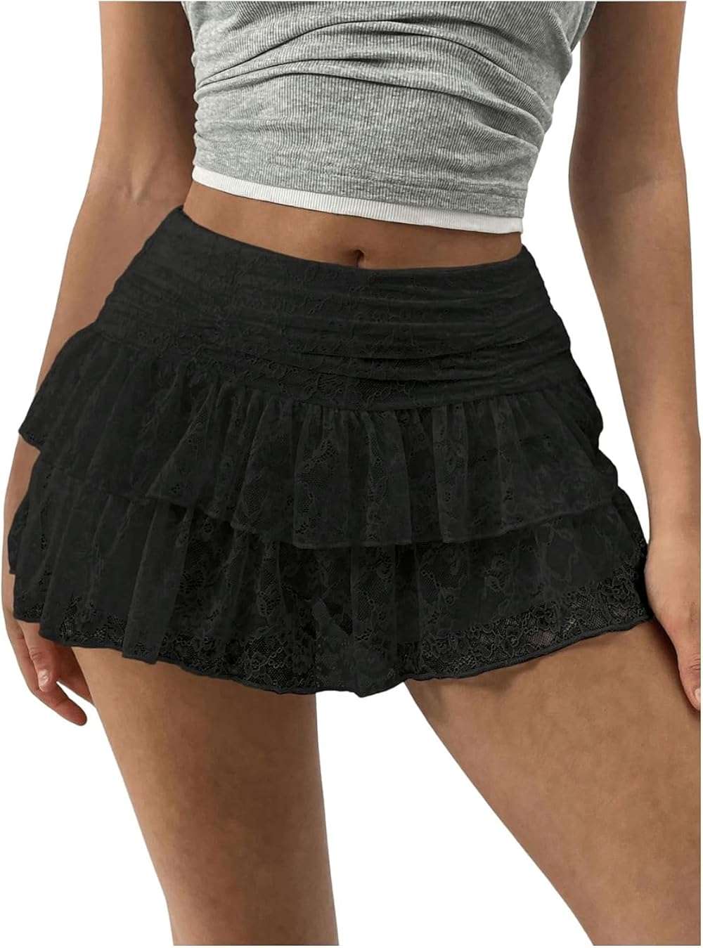 Women Lace Mini Skirt Y2K Ruffle Tiered Skort with Built in Shorts High Waist A Line Layered Lace Skirt for Going Out Party - Image 2