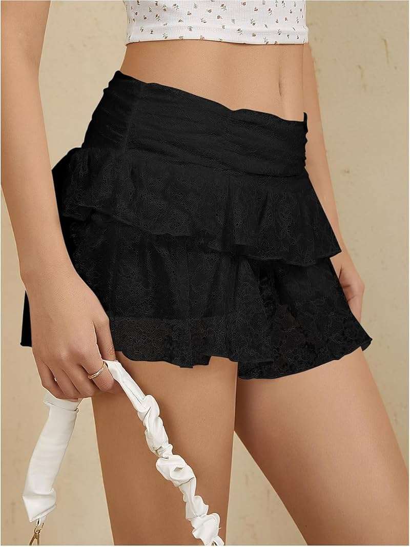 Women Lace Mini Skirt Y2K Ruffle Tiered Skort with Built in Shorts High Waist A Line Layered Lace Skirt for Going Out Party - Image 4