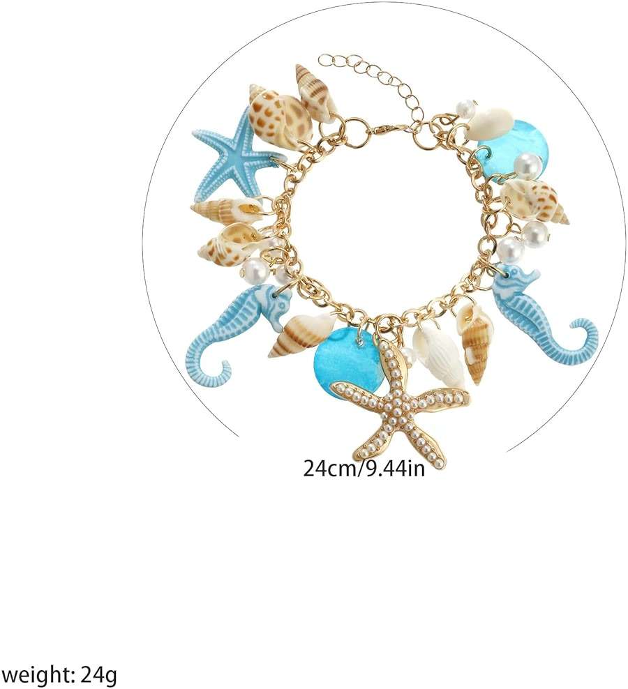 Peasimy Bohemian Style Conch Starfish Seahorse Shell Pearl Bracelet Ocean Theme Beach Jewelry for Women Adjustable Bangle - Image 2