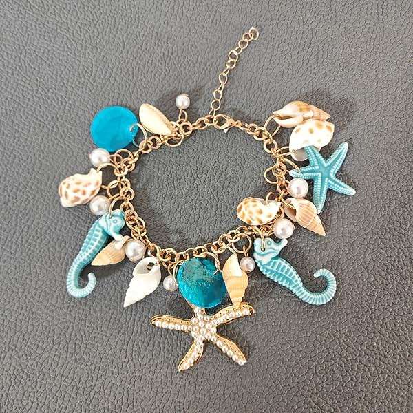Peasimy Bohemian Style Conch Starfish Seahorse Shell Pearl Bracelet Ocean Theme Beach Jewelry for Women Adjustable Bangle - Image 3