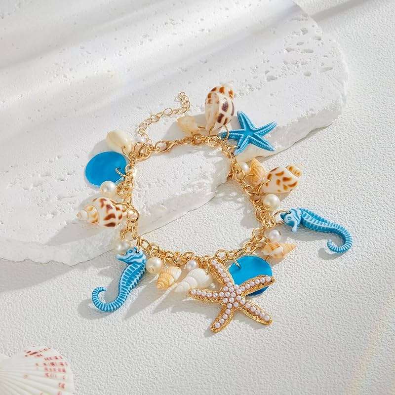 Peasimy Bohemian Style Conch Starfish Seahorse Shell Pearl Bracelet Ocean Theme Beach Jewelry for Women Adjustable Bangle - Image 4