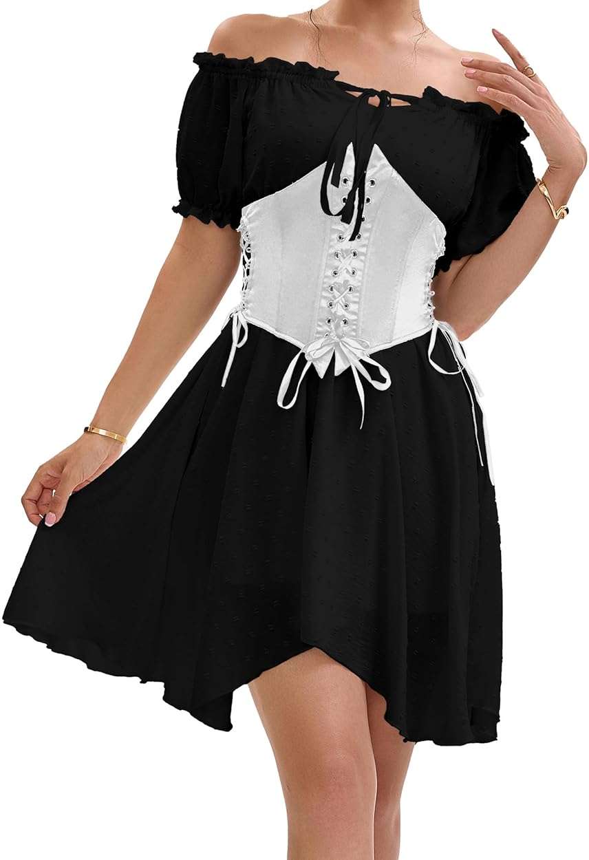 ZUNQKG Womens Two Piece Sets Corset Dress Off Shoulder Ruffles Puff Sleeve Irregular Mini Fairy Bustier Dress - Image 3