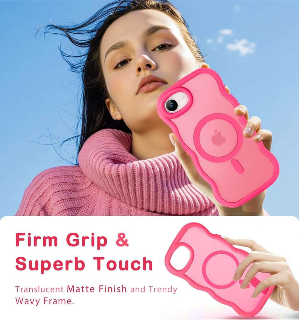 Amzfield Magnetic for iPhone 16e for iPhone 17e Case, Compatible with Magsafe Wavy Frame Cute Design Translucent Matte Hard Back Silicone Phone Case for iPhone 16 e for iPhone 17 e Women, Hot Pink - Image 7