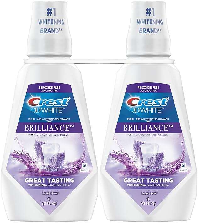 Crest 3D White Mouthwash, Teeth Whitening for Adults, 1L, 2 Pack, Alcohol Free Mouth Rinse, Breath Freshener, Antibacterial, Antiseptic, Bad Breath Treatment, Peroxide Free, Clean Mint - Image 1