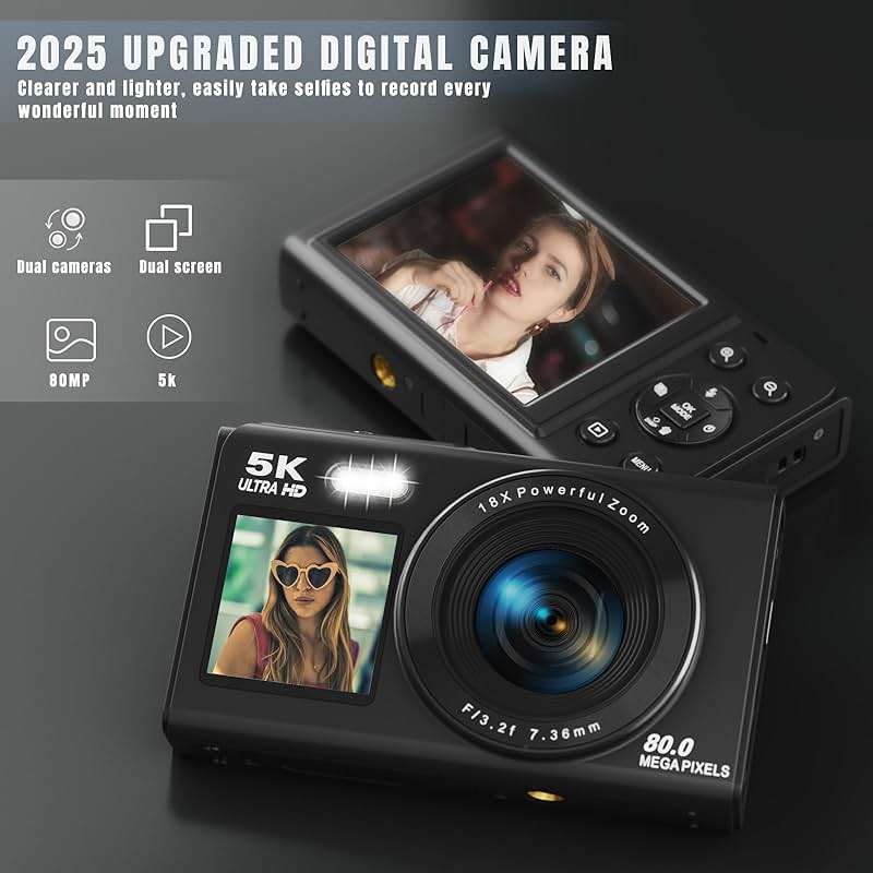 5K Digital Camera, Dual Screens Camera with 18X Digital Zoom, Compact Vlogging Camera for Teens, Beginner-Friendly Gift Pack, 32GB Card & 2 Batteries, Black - Image 2