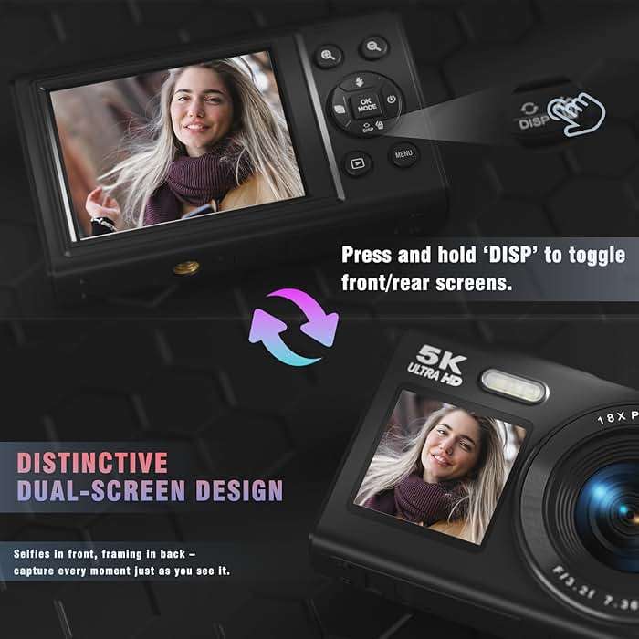 5K Digital Camera, Dual Screens Camera with 18X Digital Zoom, Compact Vlogging Camera for Teens, Beginner-Friendly Gift Pack, 32GB Card & 2 Batteries, Black - Image 3