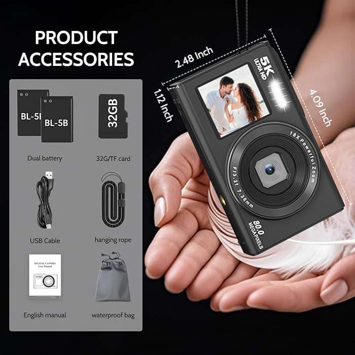 5K Digital Camera, Dual Screens Camera with 18X Digital Zoom, Compact Vlogging Camera for Teens, Beginner-Friendly Gift Pack, 32GB Card & 2 Batteries, Black - Image 8