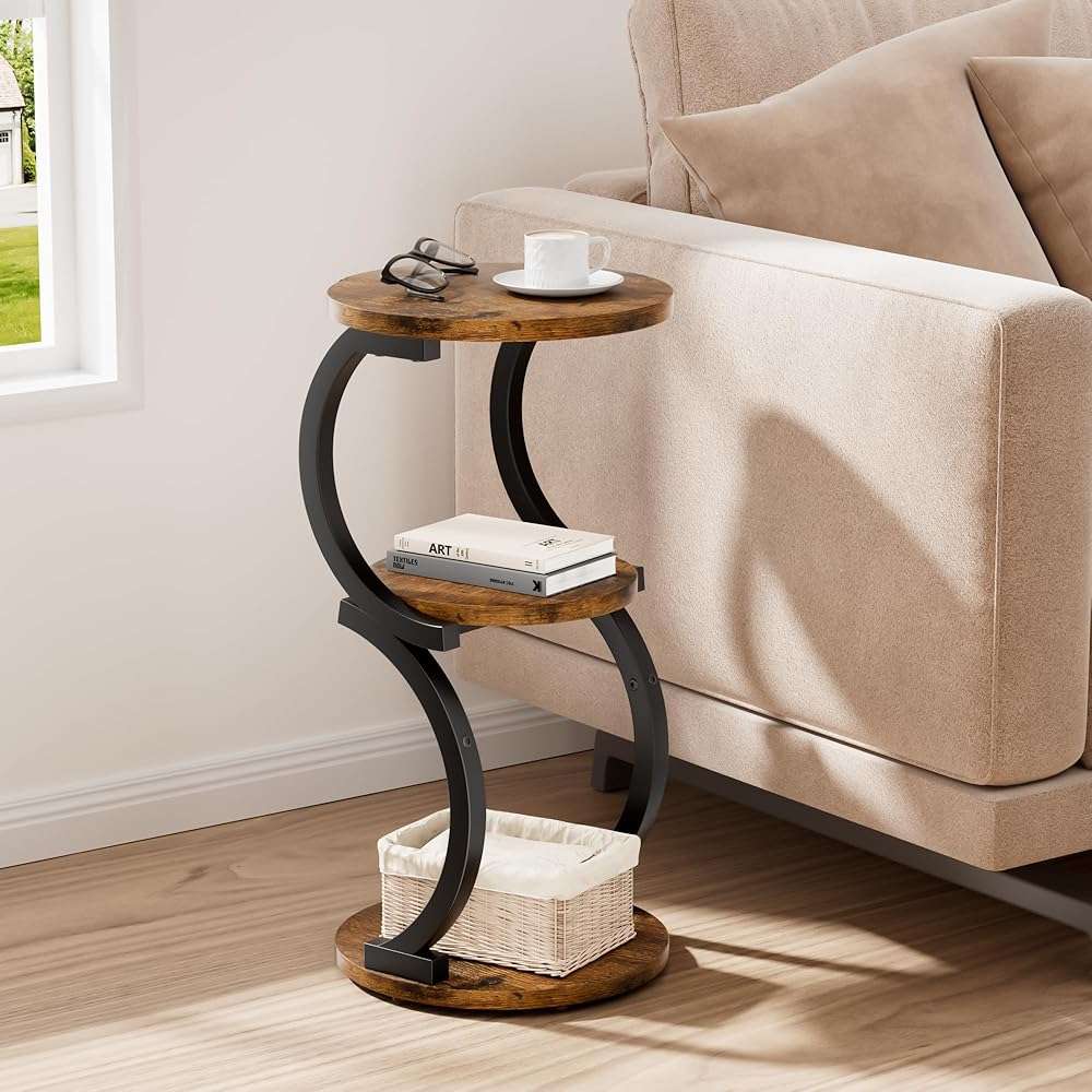 Small Side Table, 3-Tier Round End Table for Living Room, S-Shaped Accent Table for Small Spaces Sofa Couch Bedroom, Vintage Nightstand Wood Metal Coffee Table with Storage Shelf, Rustic Brown - Image 2