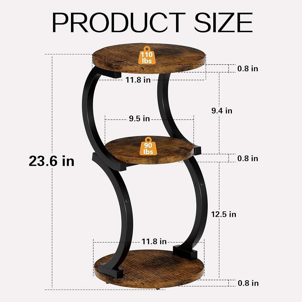 Small Side Table, 3-Tier Round End Table for Living Room, S-Shaped Accent Table for Small Spaces Sofa Couch Bedroom, Vintage Nightstand Wood Metal Coffee Table with Storage Shelf, Rustic Brown - Image 3