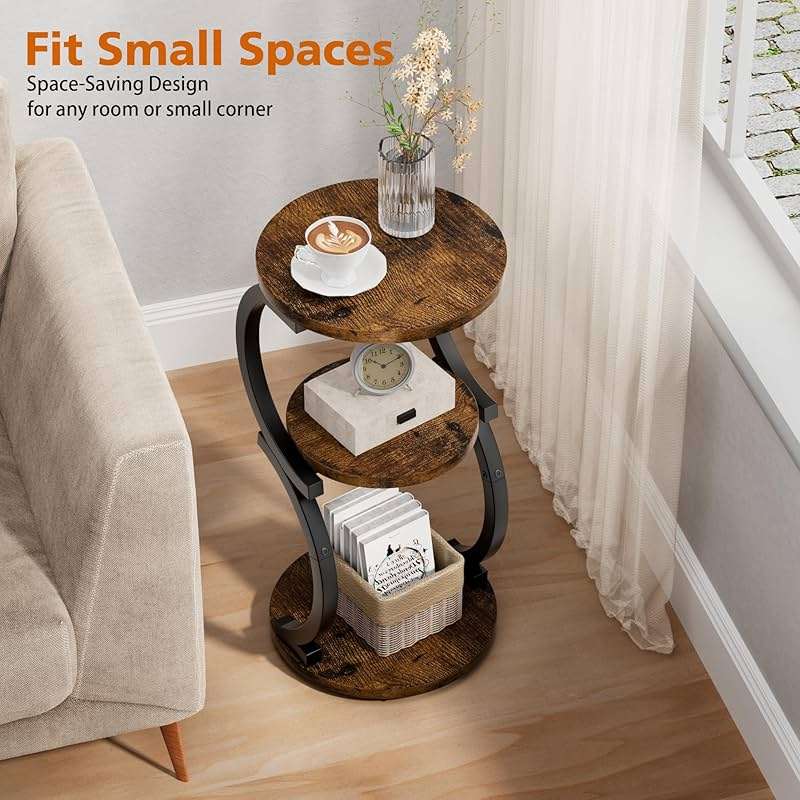 Small Side Table, 3-Tier Round End Table for Living Room, S-Shaped Accent Table for Small Spaces Sofa Couch Bedroom, Vintage Nightstand Wood Metal Coffee Table with Storage Shelf, Rustic Brown - Image 4