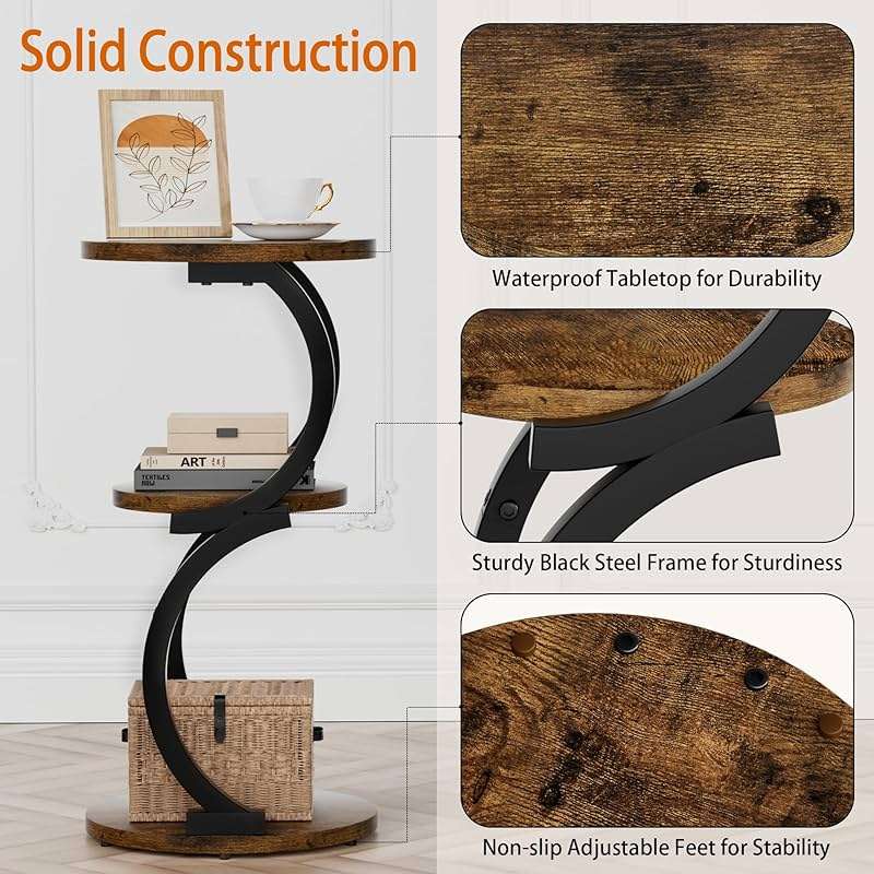 Small Side Table, 3-Tier Round End Table for Living Room, S-Shaped Accent Table for Small Spaces Sofa Couch Bedroom, Vintage Nightstand Wood Metal Coffee Table with Storage Shelf, Rustic Brown - Image 5