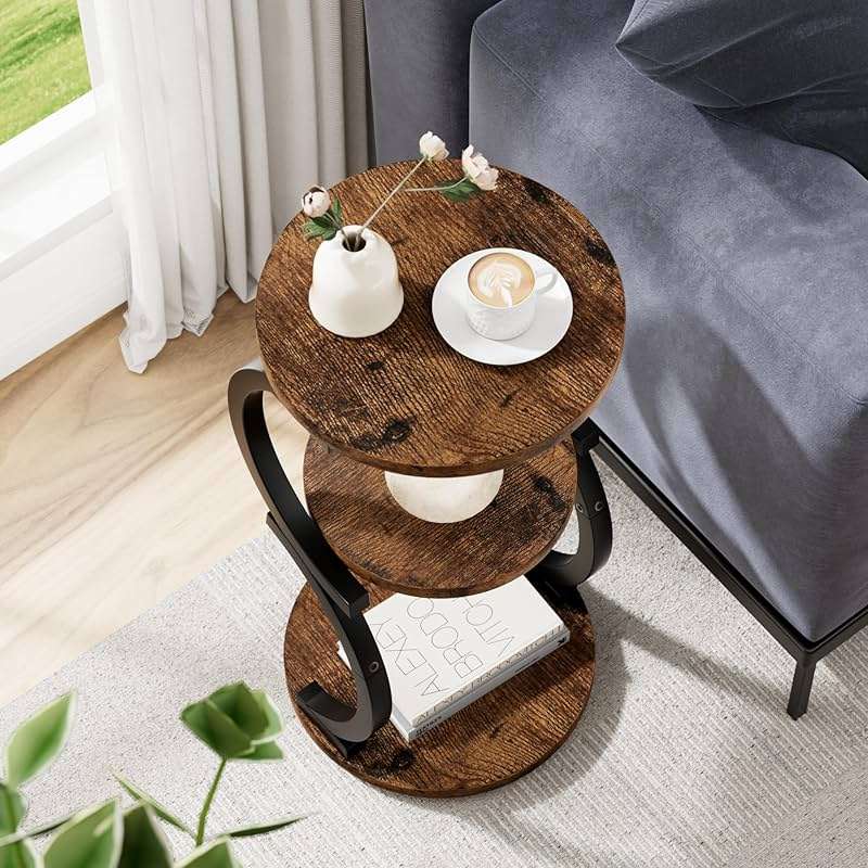 Small Side Table, 3-Tier Round End Table for Living Room, S-Shaped Accent Table for Small Spaces Sofa Couch Bedroom, Vintage Nightstand Wood Metal Coffee Table with Storage Shelf, Rustic Brown - Image 6