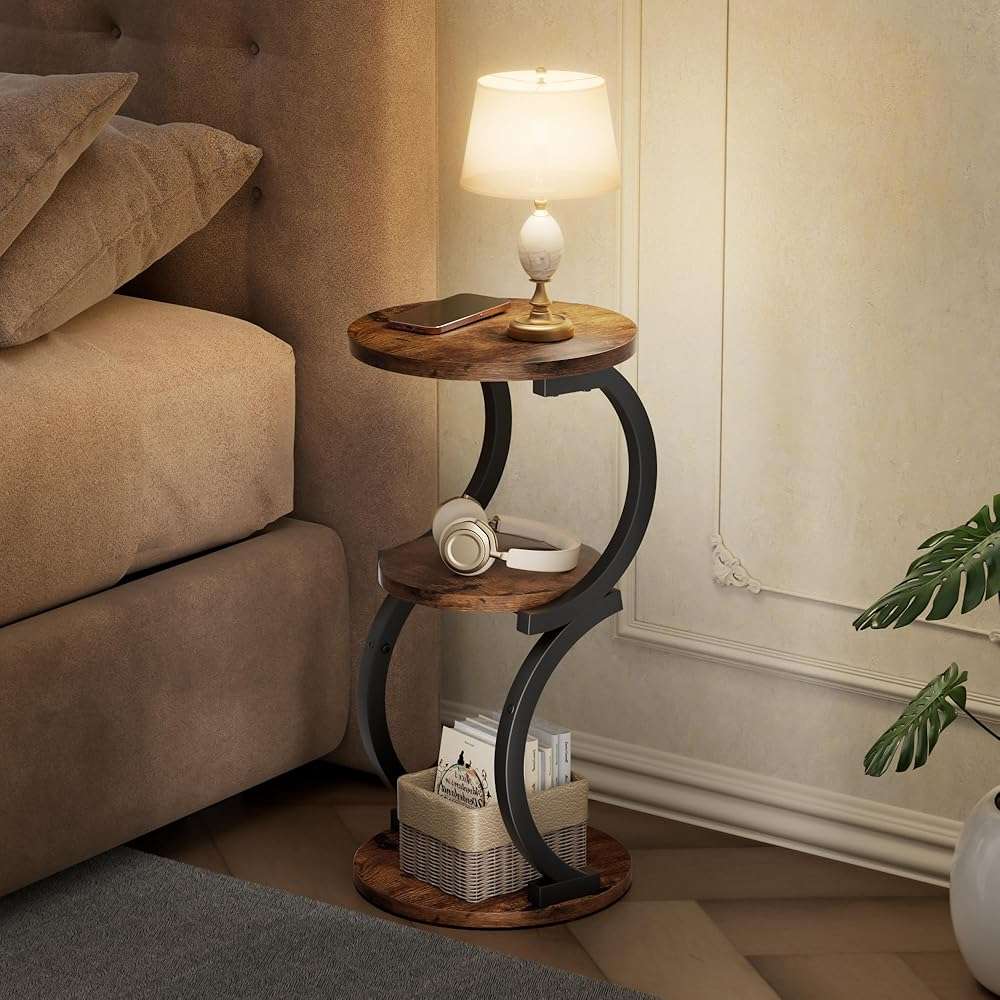 Small Side Table, 3-Tier Round End Table for Living Room, S-Shaped Accent Table for Small Spaces Sofa Couch Bedroom, Vintage Nightstand Wood Metal Coffee Table with Storage Shelf, Rustic Brown - Image 7