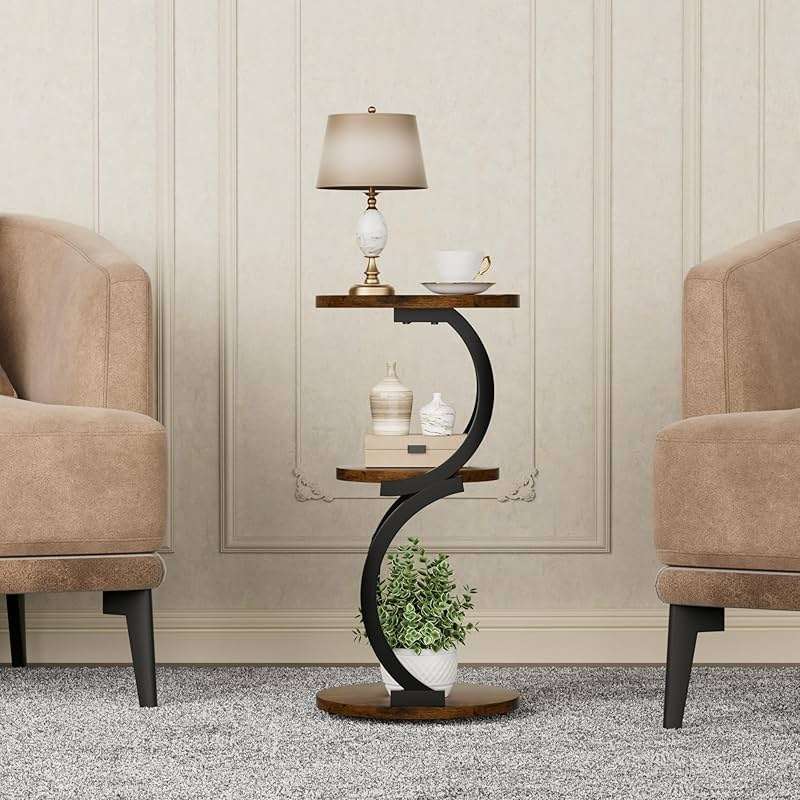 Small Side Table, 3-Tier Round End Table for Living Room, S-Shaped Accent Table for Small Spaces Sofa Couch Bedroom, Vintage Nightstand Wood Metal Coffee Table with Storage Shelf, Rustic Brown - Image 8