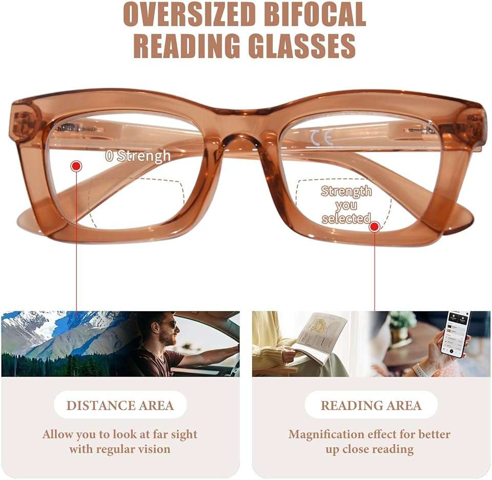 ZESAKER Bifocal Reading Glasses for Women Oversized Square Frame Clear Top Bifocal Readers for Women Blue Light Blocking Computer Readers with Spring Hinges (Champagne, 1.5) - Image 2