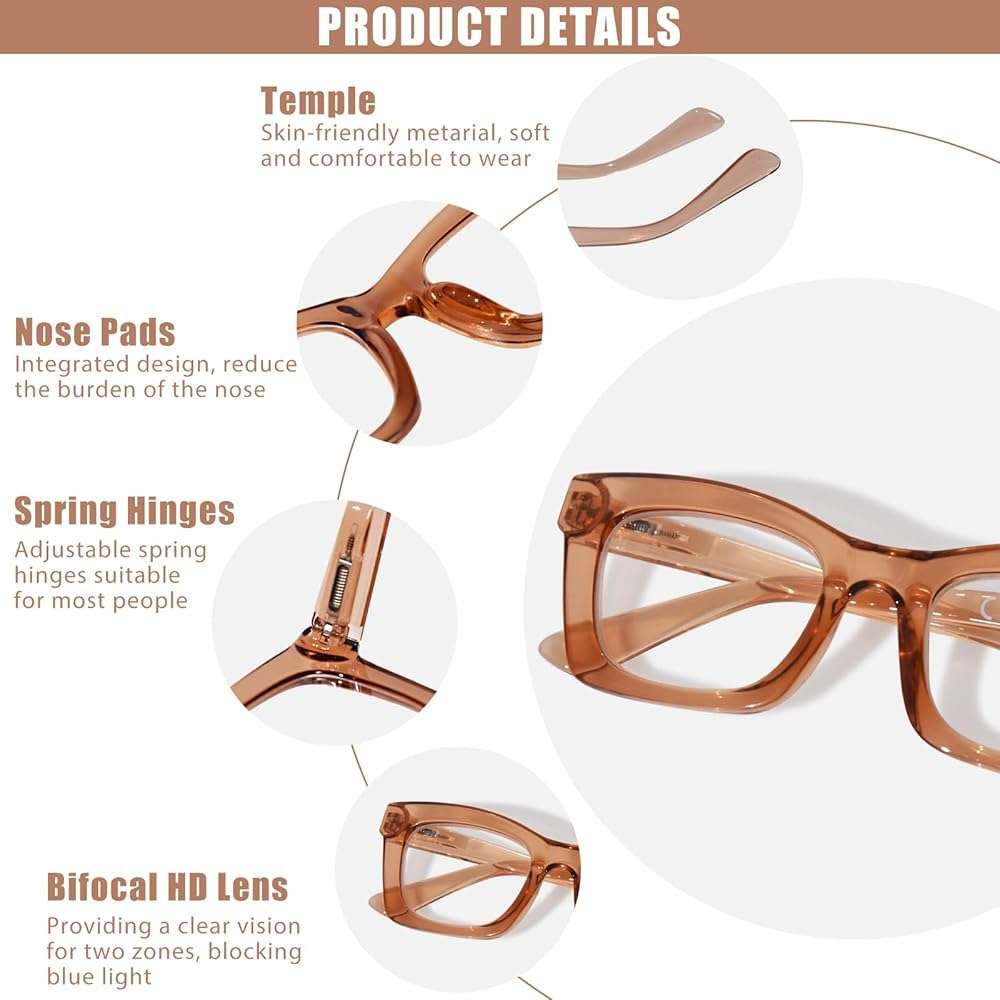 ZESAKER Bifocal Reading Glasses for Women Oversized Square Frame Clear Top Bifocal Readers for Women Blue Light Blocking Computer Readers with Spring Hinges (Champagne, 1.5) - Image 3