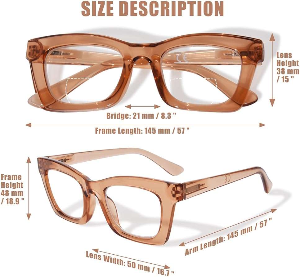 ZESAKER Bifocal Reading Glasses for Women Oversized Square Frame Clear Top Bifocal Readers for Women Blue Light Blocking Computer Readers with Spring Hinges (Champagne, 1.5) - Image 5