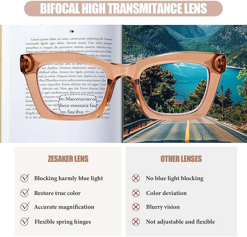 ZESAKER Bifocal Reading Glasses for Women Oversized Square Frame Clear Top Bifocal Readers for Women Blue Light Blocking Computer Readers with Spring Hinges (Champagne, 1.5) - Image 6