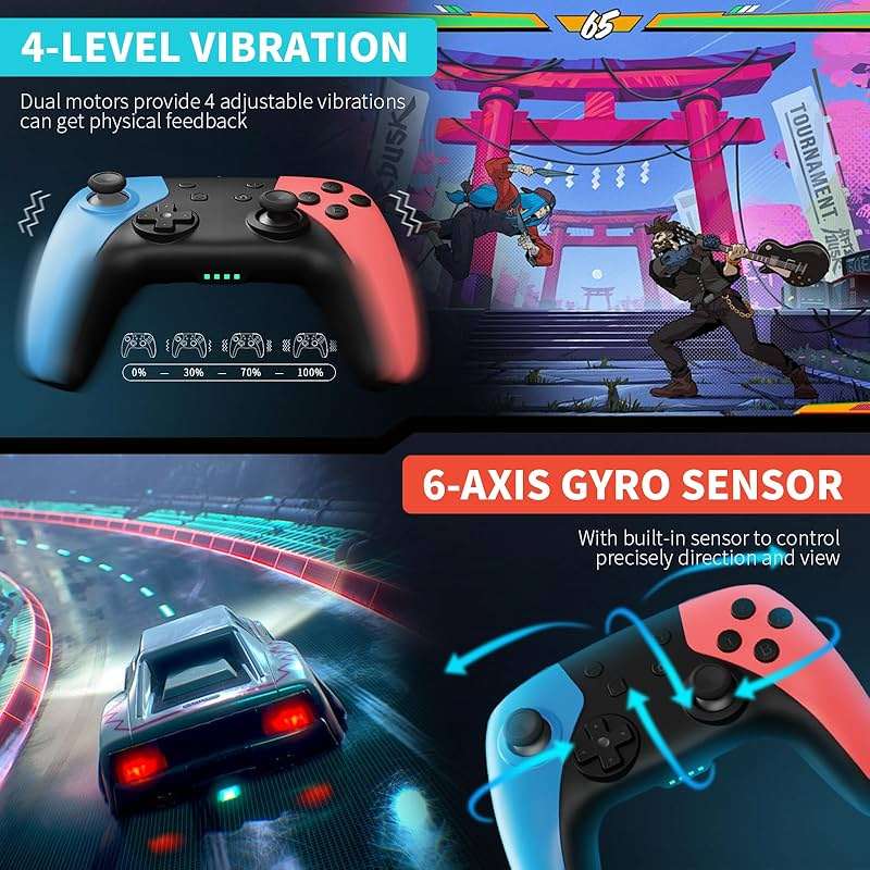 AceGamer 2 Pack Wireless Controller for Nintendo Switch/Lite/OLED, Hall Effect Joystick for Switch 2 Pro Controller with Wake-Up/Turbo/Dual Vibration/Programmable (Red+Blue) - Image 4