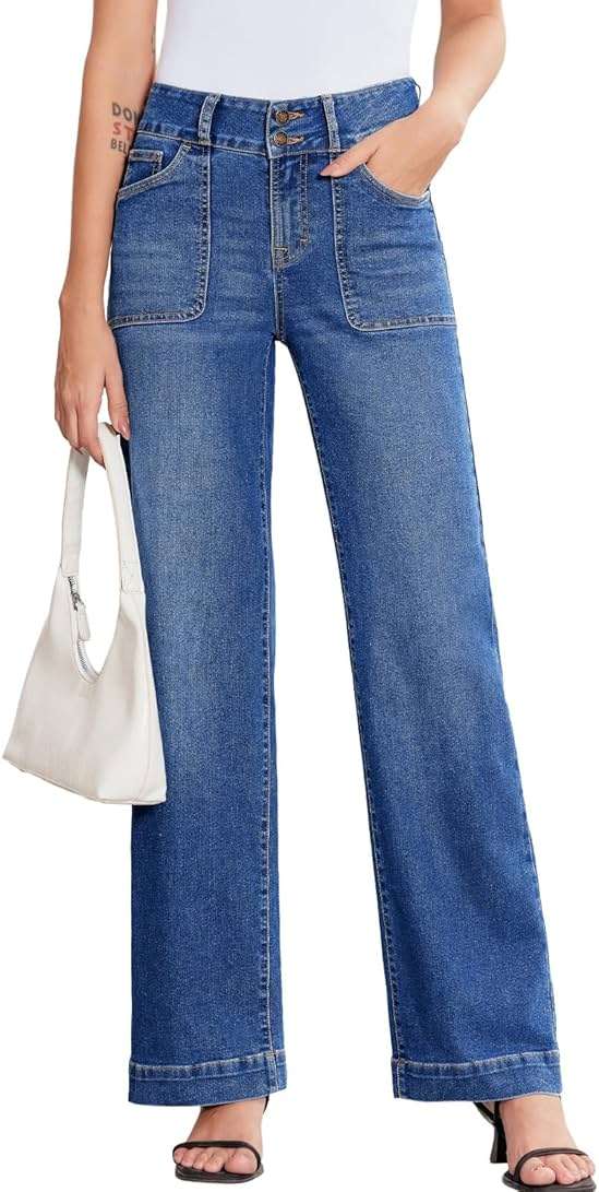 Sidefeel Women's Wide Leg Jeans High Waisted Stretchy Tummy Control Straight Leg Denim Pants - Image 1
