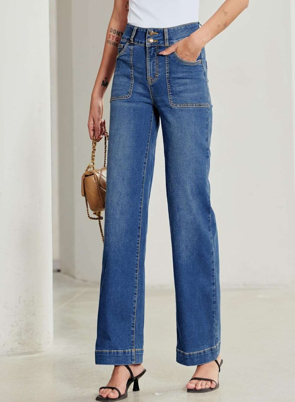 Sidefeel Women's Wide Leg Jeans High Waisted Stretchy Tummy Control Straight Leg Denim Pants - Image 3