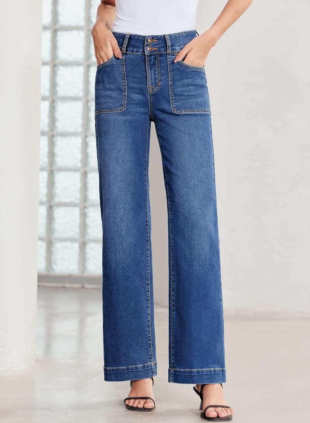 Sidefeel Women's Wide Leg Jeans High Waisted Stretchy Tummy Control Straight Leg Denim Pants - Image 4