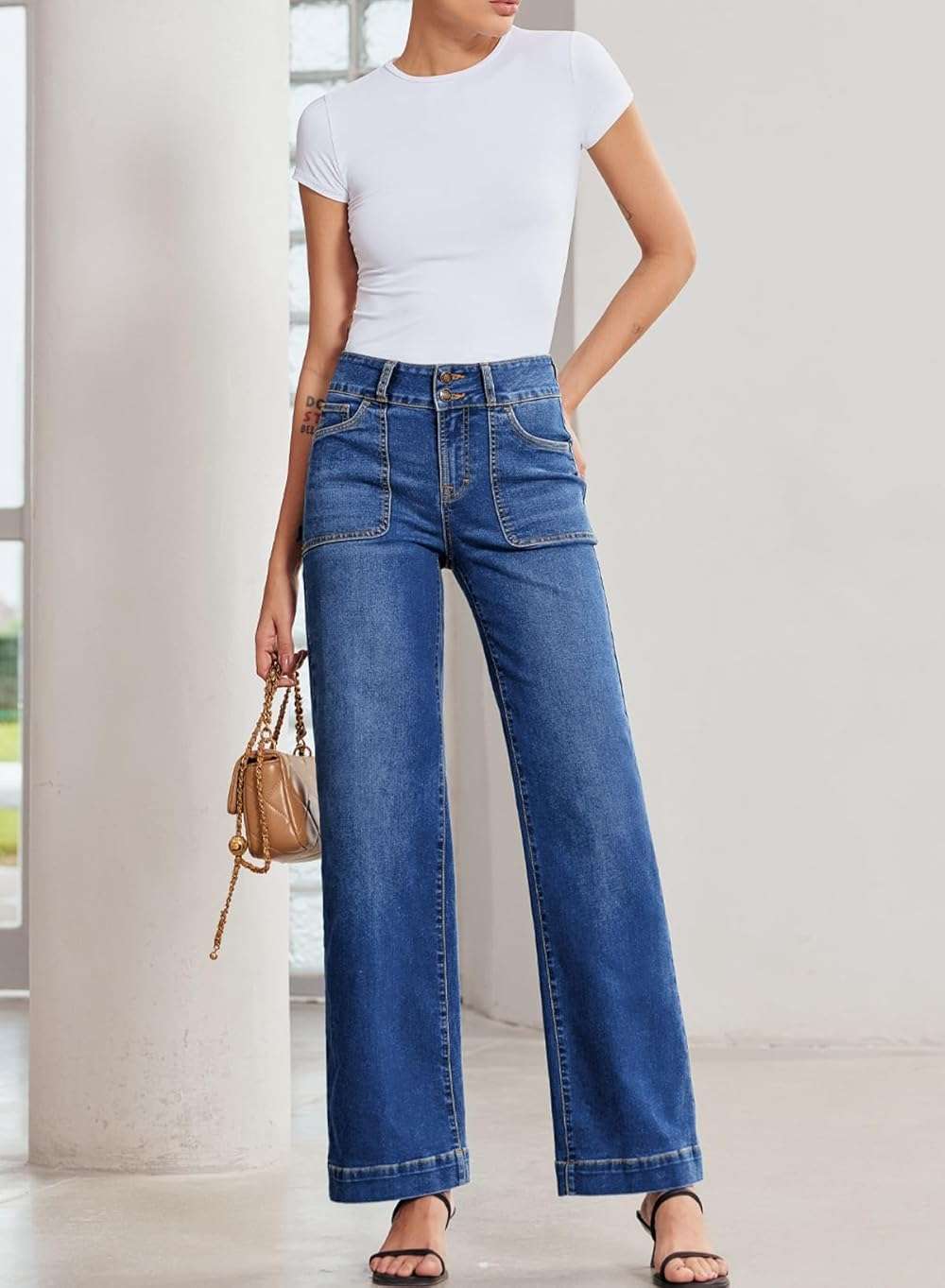 Sidefeel Women's Wide Leg Jeans High Waisted Stretchy Tummy Control Straight Leg Denim Pants - Image 5