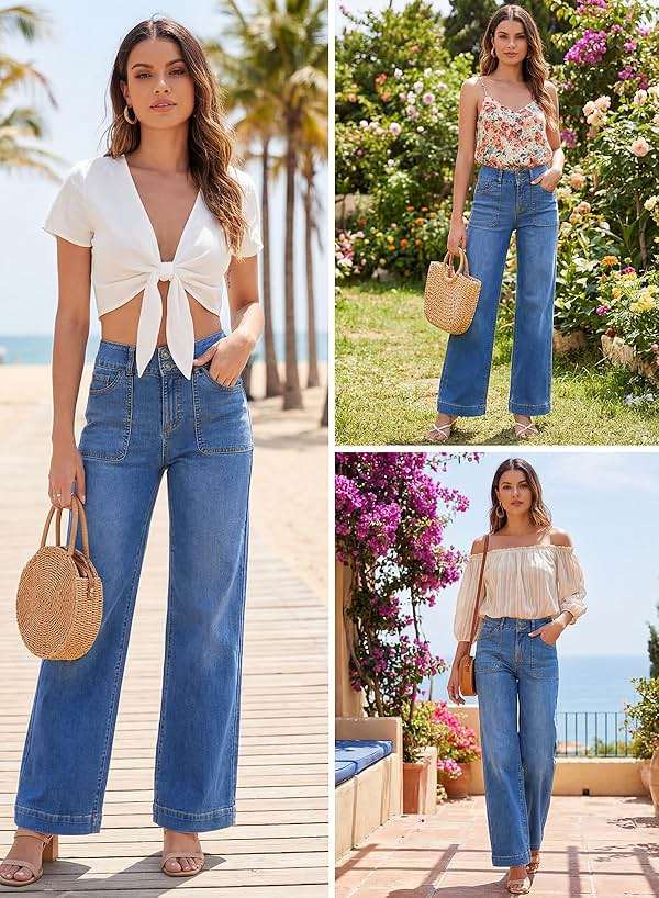 Sidefeel Women's Wide Leg Jeans High Waisted Stretchy Tummy Control Straight Leg Denim Pants - Image 6