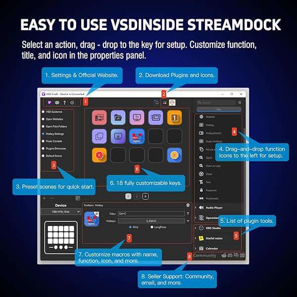 VSDINSIDE Macro Keypad, Stream Controller Deck Gaming Streaming Shortcut Keyboard, 18 Programmable Keys Customizable Visual AI Pad USB Soundboard for OBS, YouTube, Desk Office Setup, Laptop, PC, Mac - Image 8
