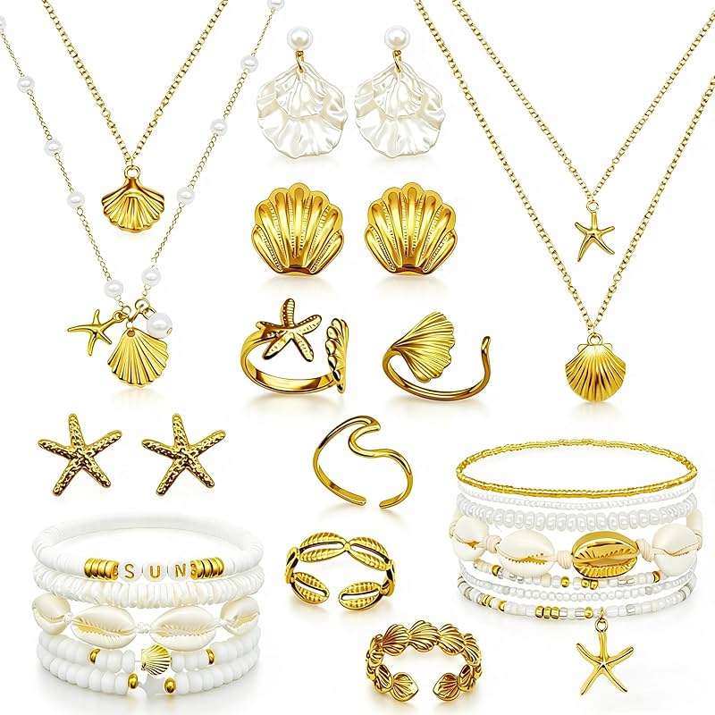 FIRSAUKI Seashell Starfish Jewelry Set for Women Sea shell Charm Necklace Summer Beach Bracelets Ocean Earrings Rings Nautical Anklet Set for Seaside Vacation - Image 1